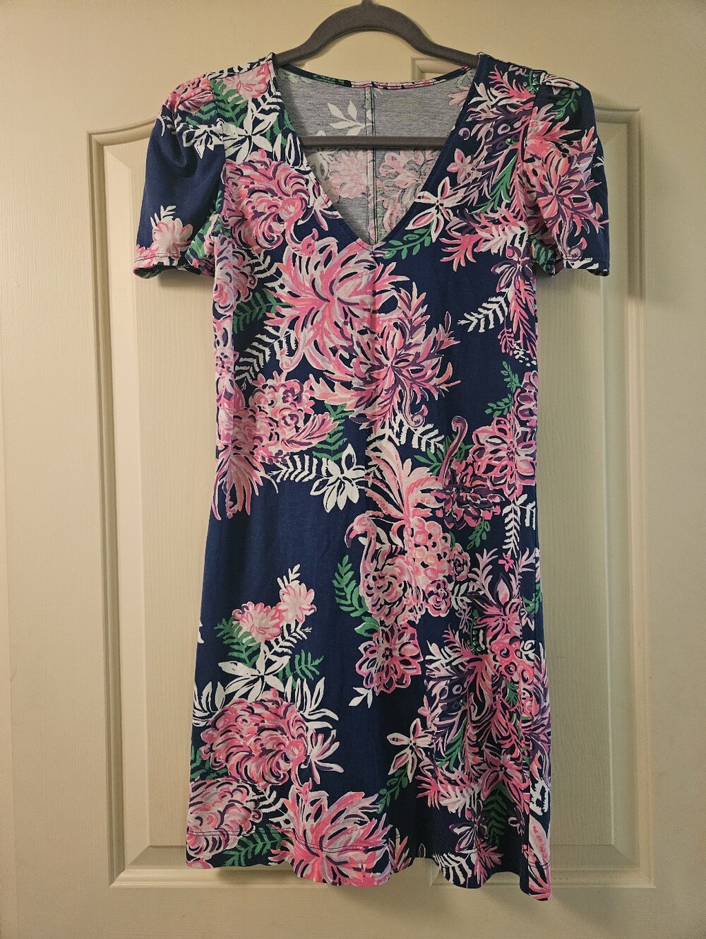 Lilly Pulitzer Navy Dress with Pink Floral and Green Leaves